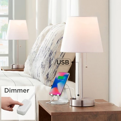 360 Lighting Justin Modern Accent Table Lamps 18" High Set Of 2 Silver With USB Charging Port And Table Top Dimmers White Shade For Bedroom Home Desk 1 360 Lighting Justin Modern Accent Table Lamps 18" High Set Of 2 Silver With USB Charging Port And Table Top Dimmers White Shade For Bedroom Home Desk