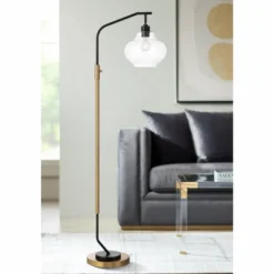 Possini Euro Design Tarrah Mid Century Modern 63" Tall Chairside Arc Floor Lamp Gold Black Metal Clear Glass Shade For Living Room House