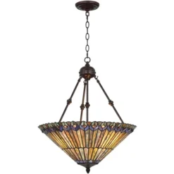 Robert Louis Tiffany Bronze Pendant Chandelier 20" Wide Rustic Peacock Stained Art Glass 3-Light Fixture For Dining Room House Kitchen Island Entryway -Adesso Lighting Deals Store GUEST 0c945214 e9f8 479d bee3 af485507f505