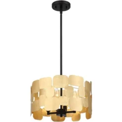 Possini Euro Design Stella Black Pendant Chandelier 15" Wide Modern Gold Leaf Drum Shade 4-Light Fixture For Dining Room House Foyer Kitchen Island -Adesso Lighting Deals Store GUEST 13a0743c 5763 4907 bac4 591ce6fbcc9f