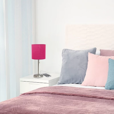 19.5" Bedside USB Port Feature Metal Table Desk Lamp Brushed Steel With Pink Fabric Shade - Creekwood Home 7 19.5" Bedside USB Port Feature Metal Table Desk Lamp Brushed Steel With Pink Fabric Shade - Creekwood Home - Image 7