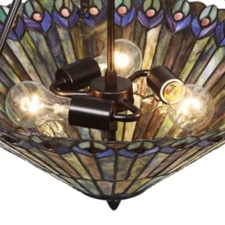 Robert Louis Tiffany Bronze Pendant Chandelier 20" Wide Rustic Peacock Stained Art Glass 3-Light Fixture For Dining Room House Kitchen Island Entryway -Adesso Lighting Deals Store GUEST 223bdd4f 4482 4255 8620 2963cc7ec347