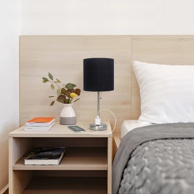 19.5" Bedside Power Outlet Base Metal Table Desk Lamp Brushed Steel With Fabric Shade Black - Creekwood Home 6 19.5" Bedside Power Outlet Base Metal Table Desk Lamp Brushed Steel With Fabric Shade Black - Creekwood Home - Image 6