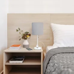 19.5" Bedside Power Outlet Base Metal Table Desk Lamp In White With Gray Fabric Shade - Creekwood Home -Adesso Lighting Deals Store GUEST 323aceae 1637 430b b380 1dcb6147741e