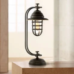 Franklin Iron Works Knox Industrial Desk Lamp 24" High Oil Rubbed Bronze LED Cage Glass Shade For Bedroom Living Room Bedside Nightstand Office House