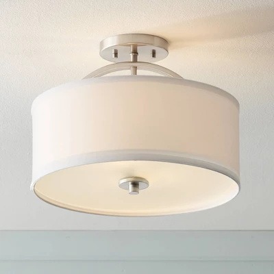 Possini Euro Design Halsted Modern Ceiling Light Semi Flush Mount Fixture 15" Wide Brushed Nickel 2-Light Oatmeal Linen Drum For Bedroom Living Room 1 Possini Euro Design Halsted Modern Ceiling Light Semi Flush Mount Fixture 15" Wide Brushed Nickel 2-Light Oatmeal Linen Drum For Bedroom Living Room