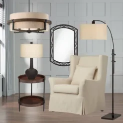 Possini Euro Design Bronze Wood Finish Pendant Chandelier 22" Wide Rustic Farmhouse Tan Fabric Drum 4-Light Fixture For Dining Room House -Adesso Lighting Deals Store GUEST 4b7f12c2 a52a 4dfc 9a0a 61f026f23a93