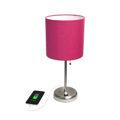 19.5" Bedside USB Port Feature Metal Table Desk Lamp Brushed Steel With Pink Fabric Shade - Creekwood Home 2 19.5" Bedside USB Port Feature Metal Table Desk Lamp Brushed Steel With Pink Fabric Shade - Creekwood Home - Image 2