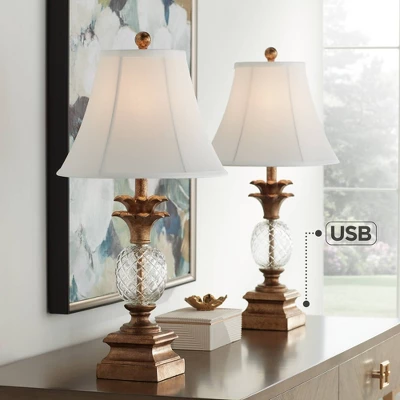 Regency Hill Kona Tropical Table Lamps 26" High Set Of 2 Bronzed Brass Glass With USB Charging Port White Fabric Bell For Bedroom Living Room Desk 1 Regency Hill Kona Tropical Table Lamps 26" High Set Of 2 Bronzed Brass Glass With USB Charging Port White Fabric Bell For Bedroom Living Room Desk