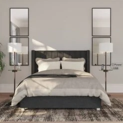 360 Lighting Caper Modern Floor Lamps With Tray Table 60 1/2" Tall Set Of 2 Bronze USB And Outlet Off White Fabric Drum Shade For Living Room Bedroom