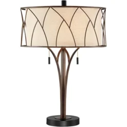 Franklin Iron Works Sydney Modern Mid Century Table Lamp 26" High Bronze With USB Charging Port Oatmeal Drum Shade For Bedroom Living Room Office Desk -Adesso Lighting Deals Store GUEST 630484dd 654c 4936 875a fd7139348fd1