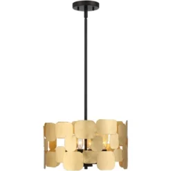 Possini Euro Design Stella Black Pendant Chandelier 15" Wide Modern Gold Leaf Drum Shade 4-Light Fixture For Dining Room House Foyer Kitchen Island -Adesso Lighting Deals Store GUEST 64aec024 0b00 4524 a846 91d64ceb6afe