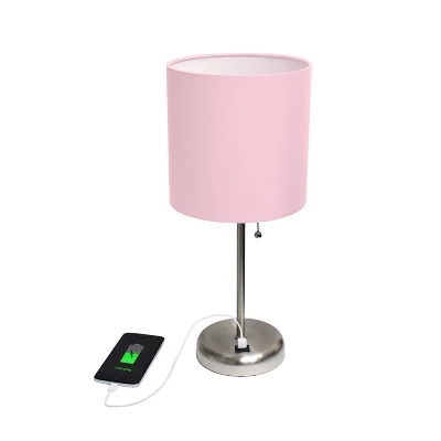 19.5" Bedside USB Port Feature Metal Table Desk Lamp Brushed Steel With Light Pink Fabric Shade - Creekwood Home 3 19.5" Bedside USB Port Feature Metal Table Desk Lamp Brushed Steel With Light Pink Fabric Shade - Creekwood Home - Image 3