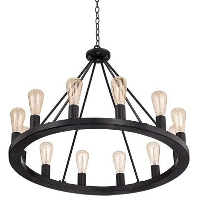 Franklin Iron Works Lacey Black Wagon Wheel Chandelier 28" Wide Industrial 12-Light LED Fixture For Dining Room House Foyer Kitchen Island Entryway 5 Franklin Iron Works Lacey Black Wagon Wheel Chandelier 28" Wide Industrial 12-Light LED Fixture For Dining Room House Foyer Kitchen Island Entryway - Image 5