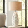 Possini Euro Design Cosgrove Modern Mid Century Table Lamp 32 3/4" Tall White Glazed Ceramic Beige Fabric Drum Shade For Bedroom Living Room Bedside