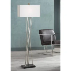 Possini Euro Design Modern Floor Lamp 63.5" Tall Brushed Steel Asymmetry White Linen Rectangular Shade For Living Room Reading Bedroom Office