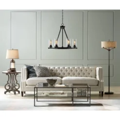 Franklin Iron Works Tremont Mid Century Modern Floor Lamp 62" Tall Deep Bronze Metal Tan Burlap Drum Shade For Living Room Bedroom Office House Home -Adesso Lighting Deals Store GUEST 94dd23ae a6bf 43a2 9212 e258b8988bde