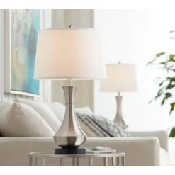 360 Lighting Simon Modern Table Lamps 25 1/2" High Set Of 2 Brushed Nickel With USB Charging Port White Fabric Drum Shade For Bedroom Living Room Desk -Adesso Lighting Deals Store GUEST 9720b799 16c4 428e 9769 9e0d90f9cf62