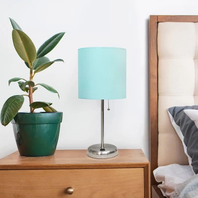 19.5" Bedside USB Port Feature Metal Table Desk Lamp Brushed Steel With Aqua Blue Fabric Shade - Creekwood Home 7 19.5" Bedside USB Port Feature Metal Table Desk Lamp Brushed Steel With Aqua Blue Fabric Shade - Creekwood Home - Image 7