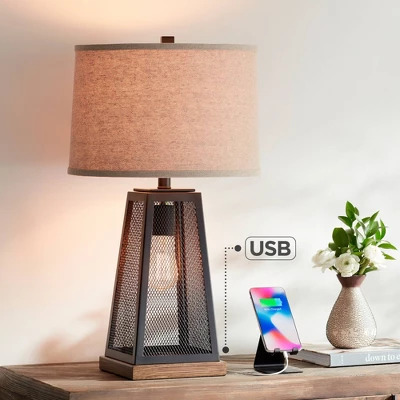 Franklin Iron Works Barris Industrial Table Lamp 26 3/4" High Metal Mesh With Nightlight LED USB Charging Port Burlap Shade For Living Room House Desk 1 Franklin Iron Works Barris Industrial Table Lamp 26 3/4" High Metal Mesh With Nightlight LED USB Charging Port Burlap Shade For Living Room House Desk