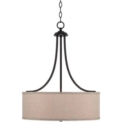 Franklin Iron Works Oil Rubbed Bronze Pendant Chandelier 19 1/2" Wide Farmhouse Rustic Oatmeal Linen Drum Shade Fixture For Dining Room Kitchen Island -Adesso Lighting Deals Store GUEST 99c2e44f b850 49c9 87da ab90e3663185