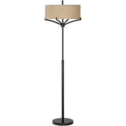 Franklin Iron Works Tremont Mid Century Modern Floor Lamp 62" Tall Deep Bronze Metal Tan Burlap Drum Shade For Living Room Bedroom Office House Home -Adesso Lighting Deals Store GUEST 9a156bc6 b529 41bf 8ddb 75892a4907c2