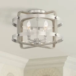 Barnes And Ivy Woodway Modern Farmhouse Ceiling Light Flush Mount Fixture 15 3/4" Wide Brushed Nickel Wood Grain 4-Light For Bedroom Living Room House
