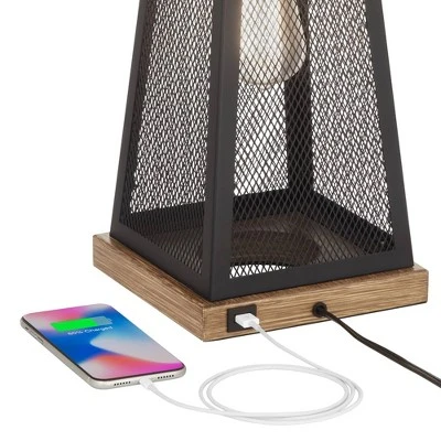 Franklin Iron Works Barris Industrial Table Lamp 26 3/4" High Metal Mesh With Nightlight LED USB Charging Port Burlap Shade For Living Room House Desk 3 Franklin Iron Works Barris Industrial Table Lamp 26 3/4" High Metal Mesh With Nightlight LED USB Charging Port Burlap Shade For Living Room House Desk - Image 3