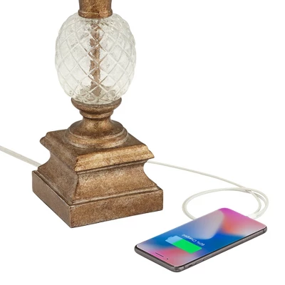 Regency Hill Kona Tropical Table Lamps 26" High Set Of 2 Bronzed Brass Glass With USB Charging Port White Fabric Bell For Bedroom Living Room Desk 2 Regency Hill Kona Tropical Table Lamps 26" High Set Of 2 Bronzed Brass Glass With USB Charging Port White Fabric Bell For Bedroom Living Room Desk - Image 2