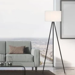 61.25" Metal Tripod Floor Lamp With Linen Shade Black/White - Cresswell Lighting -Adesso Lighting Deals Store GUEST af405096 14d2 4ebf bdcb bf98d88ae816