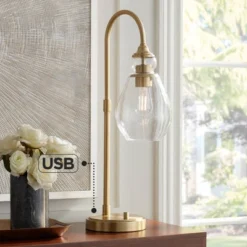 Possini Euro Design Possini Euro Vaile Desk Lamp With Dual USB Ports Warm Gold With Glass Shade