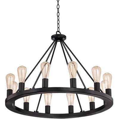 Franklin Iron Works Lacey Black Wagon Wheel Chandelier 28" Wide Industrial 12-Light LED Fixture For Dining Room House Foyer Kitchen Island Entryway 4 Franklin Iron Works Lacey Black Wagon Wheel Chandelier 28" Wide Industrial 12-Light LED Fixture For Dining Room House Foyer Kitchen Island Entryway - Image 4