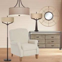 Franklin Iron Works Oil Rubbed Bronze Pendant Chandelier 19 1/2" Wide Farmhouse Rustic Oatmeal Linen Drum Shade Fixture For Dining Room Kitchen Island -Adesso Lighting Deals Store GUEST d03e8d9f 3cd2 455a 85e2 557df604c5da