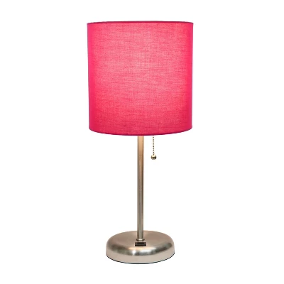 19.5" Bedside USB Port Feature Metal Table Desk Lamp Brushed Steel With Pink Fabric Shade - Creekwood Home 1 19.5" Bedside USB Port Feature Metal Table Desk Lamp Brushed Steel With Pink Fabric Shade - Creekwood Home