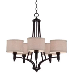 Franklin Iron Works La Pointe Oil Rubbed Bronze Pendant Chandelier 26" Wide Rustic Oatmeal Linen Shade 5-Light Fixture For Dining Room Kitchen Island -Adesso Lighting Deals Store GUEST d3568520 e7b6 415b 845e b4ceddc67fe8