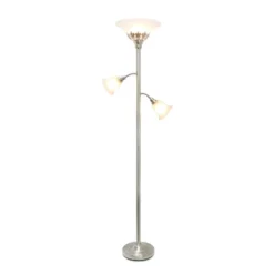 Torchiere Floor Lamp With 2 Reading Lights And Scalloped Glass Shades Metallic Silver - Lalia Home
