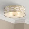 Stiffel Modern Art Deco Ceiling Light Flush Mount Fixture Gold 18" Wide Open Grid Fabric Drum Shade Bedroom Kitchen