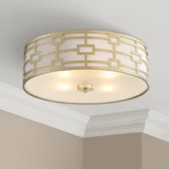 Stiffel Modern Art Deco Ceiling Light Flush Mount Fixture Gold 18" Wide Open Grid Fabric Drum Shade Bedroom Kitchen