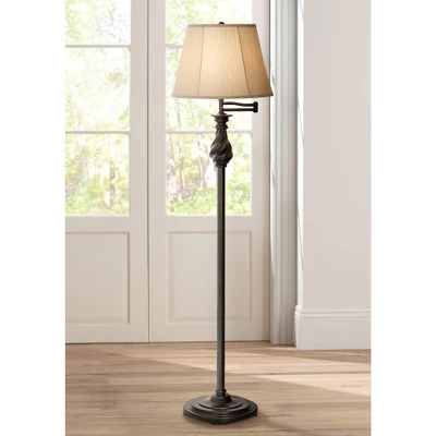 Regency Hill Traditional Swing Arm Floor Lamp 58" Tall Painted Black Bronze Swirl Font Faux Silk Beige Shade For Living Room Reading Office 1 Regency Hill Traditional Swing Arm Floor Lamp 58" Tall Painted Black Bronze Swirl Font Faux Silk Beige Shade For Living Room Reading Office