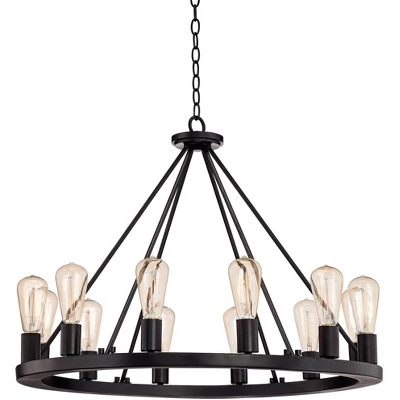 Franklin Iron Works Lacey Black Wagon Wheel Chandelier 28" Wide Industrial 12-Light LED Fixture For Dining Room House Foyer Kitchen Island Entryway 3 Franklin Iron Works Lacey Black Wagon Wheel Chandelier 28" Wide Industrial 12-Light LED Fixture For Dining Room House Foyer Kitchen Island Entryway - Image 3