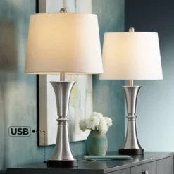 360 Lighting Seymore Modern Table Lamps 26" High Set Of 2 Silver With USB Charging Port LED Touch On Off White Drum Shade For Bedroom Living Room Desk