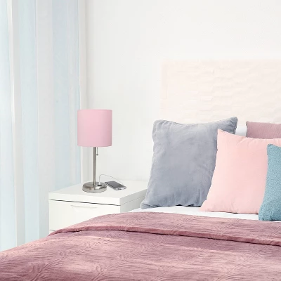 19.5" Bedside USB Port Feature Metal Table Desk Lamp Brushed Steel With Light Pink Fabric Shade - Creekwood Home 7 19.5" Bedside USB Port Feature Metal Table Desk Lamp Brushed Steel With Light Pink Fabric Shade - Creekwood Home - Image 7