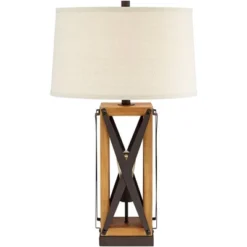 Franklin Iron Works Gaines Rustic Farmhouse Table Lamp 28 1/2" Tall Bronze Wood With LED Nightlight Off White Burlap Drum Shade For Bedroom House Home -Adesso Lighting Deals Store GUEST e0f2cae7 60ae 45cc 987d 7e4a8d94e71d