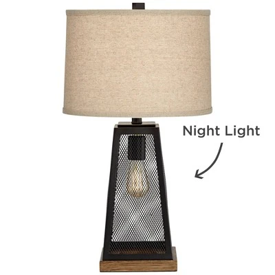 Franklin Iron Works Barris Industrial Table Lamp 26 3/4" High Metal Mesh With Nightlight LED USB Charging Port Burlap Shade For Living Room House Desk 6 Franklin Iron Works Barris Industrial Table Lamp 26 3/4" High Metal Mesh With Nightlight LED USB Charging Port Burlap Shade For Living Room House Desk - Image 6