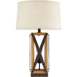 Franklin Iron Works Gaines Rustic Farmhouse Table Lamp 28 1/2" Tall Bronze Wood With LED Nightlight Off White Burlap Drum Shade For Bedroom House Home -Adesso Lighting Deals Store GUEST f3ad3aae 7a46 4b96 8bc4 e0531e719c10