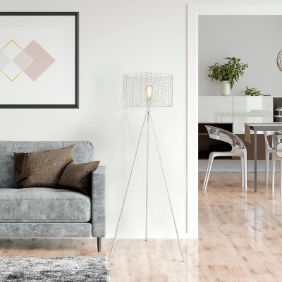 61" Cage Shade Metal Tripod Floor Lamp Ingrid White - River Of Goods 4 61" Cage Shade Metal Tripod Floor Lamp Ingrid White - River Of Goods - Image 4